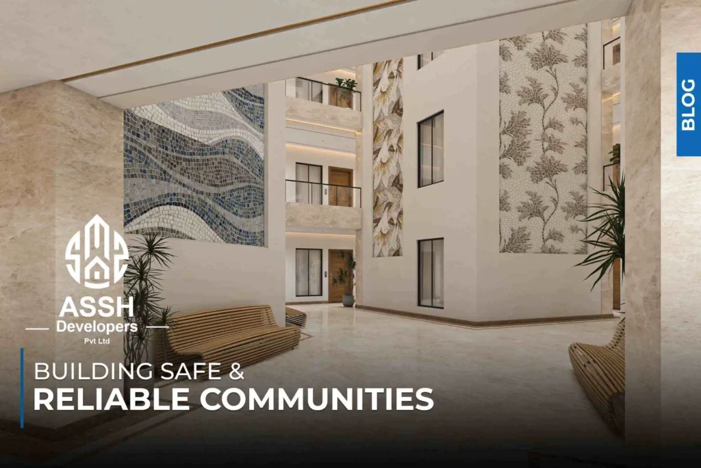 Modern indoor atrium of ASSH Developers building featuring mosaic wall art, marble flooring, potted plants, wooden benches, and apartment entrances with balconies — promoting safe and reliable community living.