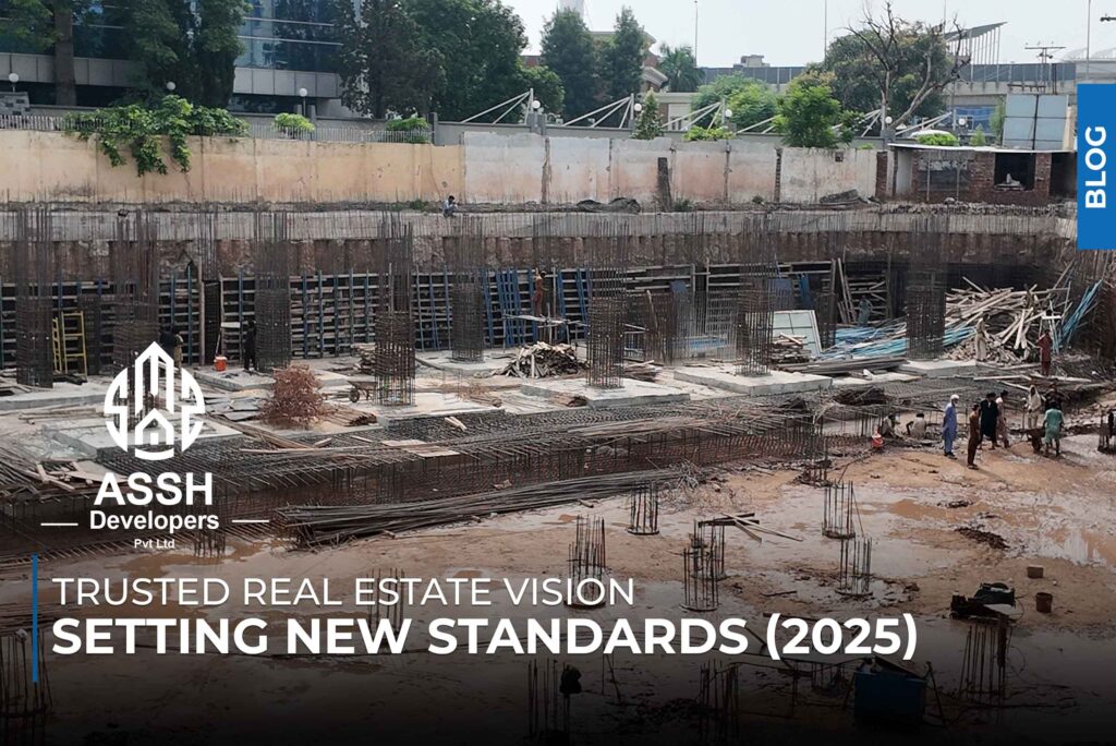 Construction site of Sardar’s Mall by ASSH Developers Pvt Ltd in Rawalpindi, showing reinforced steel framework, workers, and trusted real estate vision (2025).