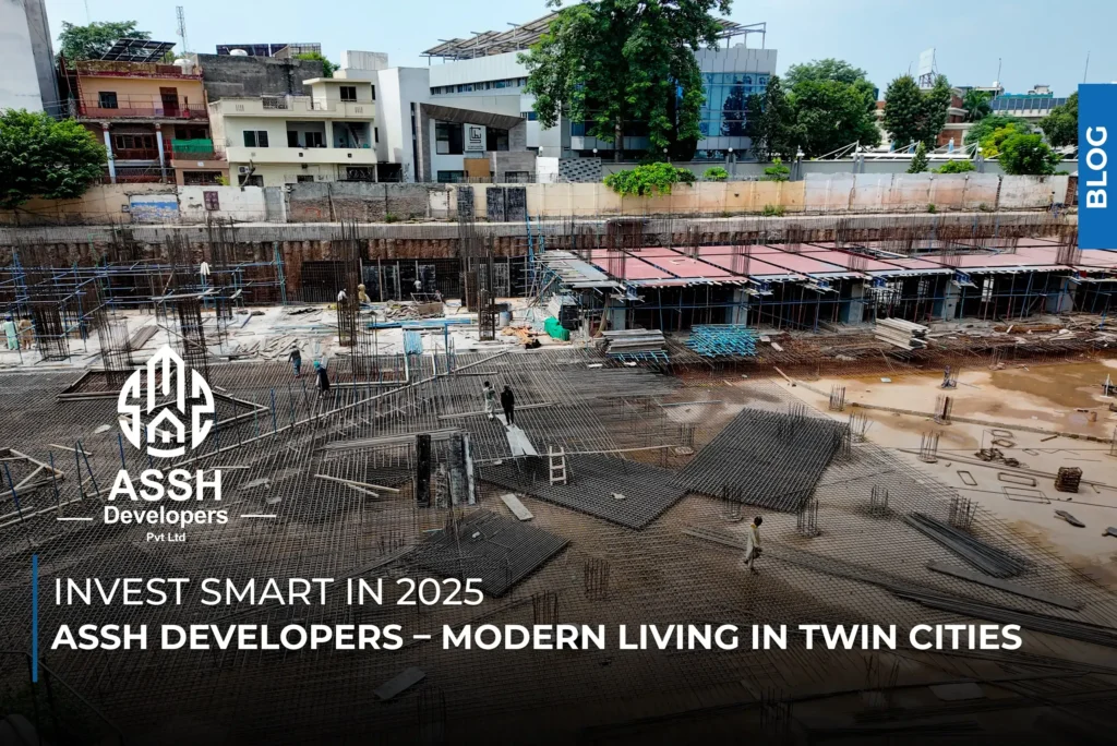 Construction site of ASSH Developers’ upcoming residential project in Rawalpindi, showing steel reinforcement, workers, and surrounding urban buildings.