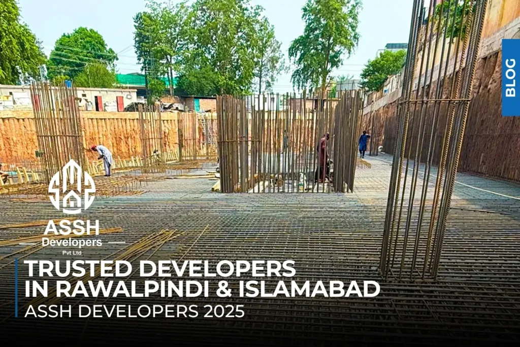 Construction site of Sardar’s Mall Rawalpindi by ASSH Developers, showing reinforced steel framework and trusted real estate development in Islamabad & Rawalpindi.